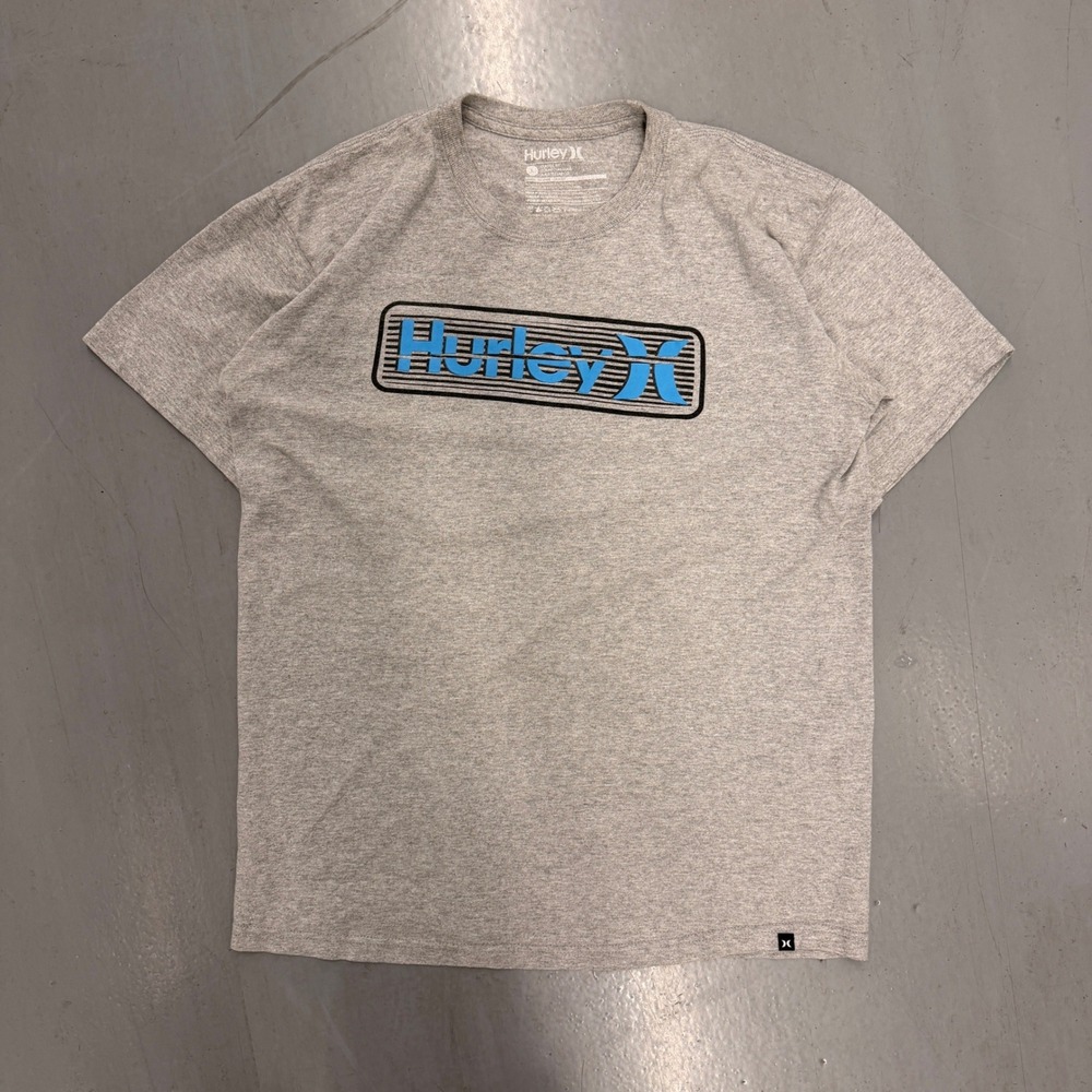 Hurley Mens Classic Fit Graphic‎ T-Shirt Gray Blue Logo Short Sleeve Large